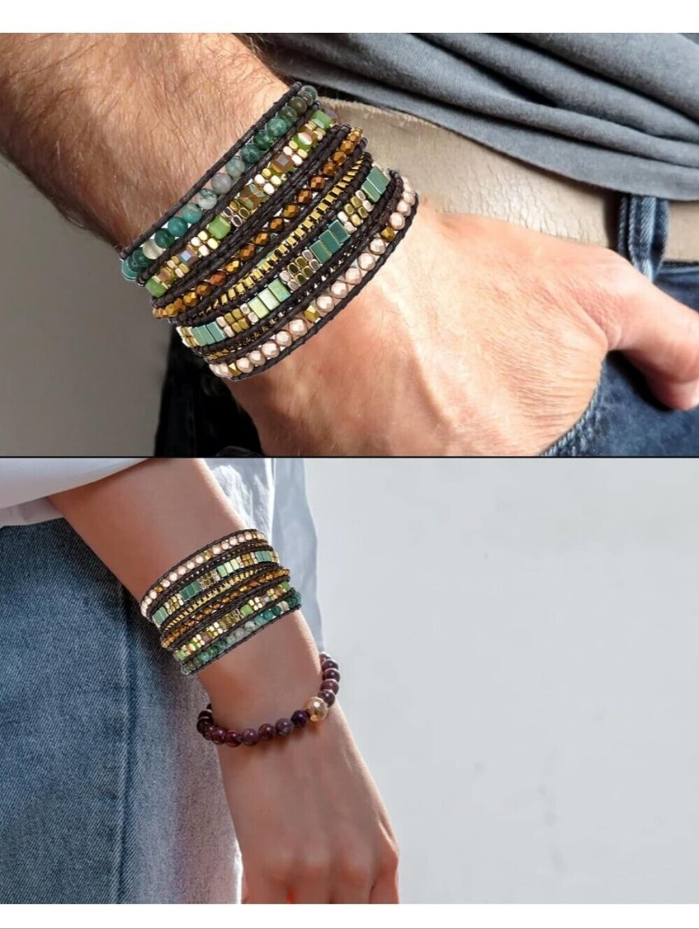 Multistrand Beaded Wrap Bracelet in Green and Gold